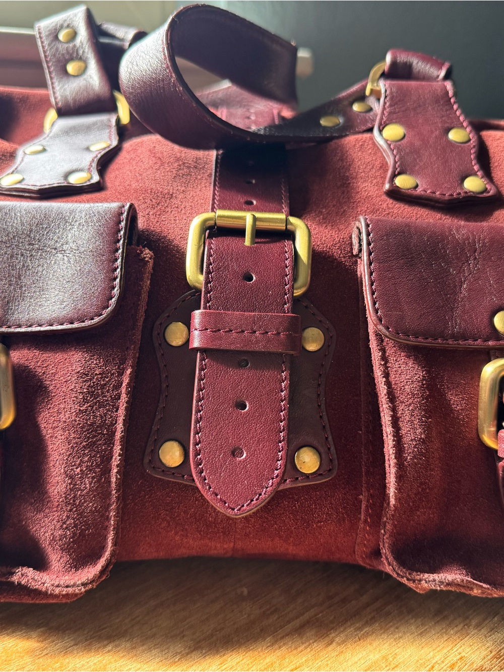 Burgundy Suede & Leather Satchel Tote with Gold Hardware - Picture 11 of 16